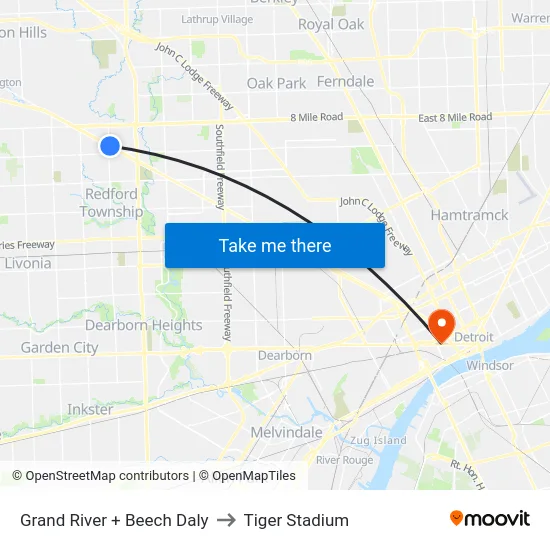 Grand River + Beech Daly to Tiger Stadium map