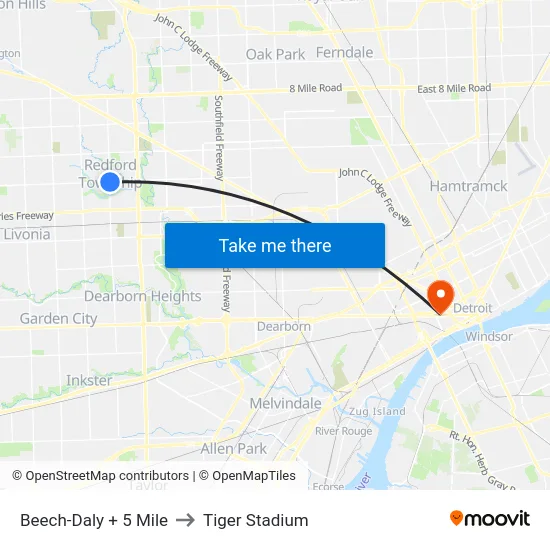 Beech-Daly + 5 Mile to Tiger Stadium map