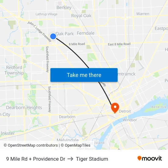 9 Mile Rd + Providence Dr to Tiger Stadium map