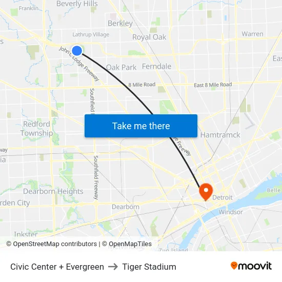 Civic Center & Evergreen to Tiger Stadium map