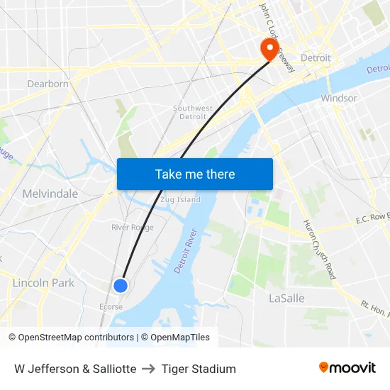 W Jefferson & Salliotte to Tiger Stadium map
