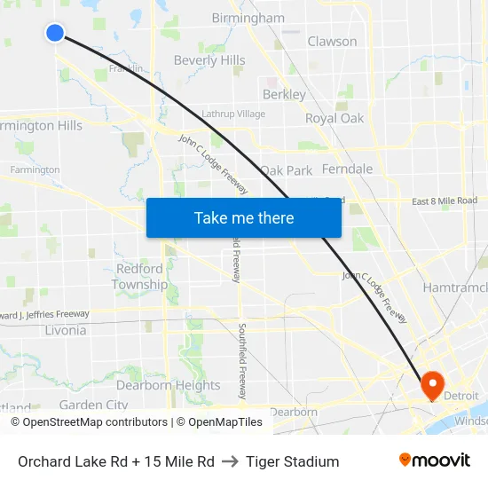 Orchard Lake Rd + 15 Mile Rd to Tiger Stadium map