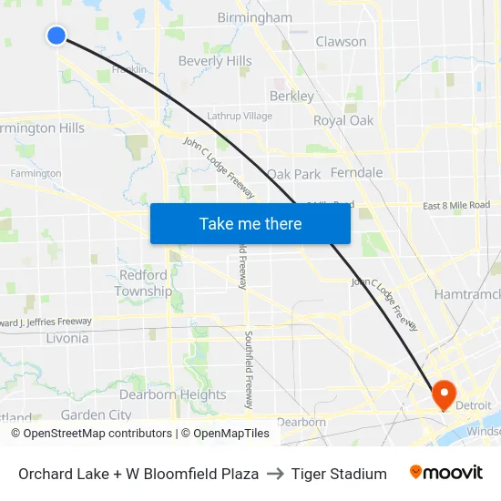 Orchard Lake + W Bloomfield Plaza to Tiger Stadium map