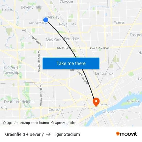 Greenfield + Beverly to Tiger Stadium map