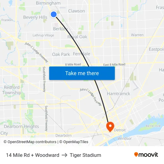 14 Mile Rd + Woodward to Tiger Stadium map