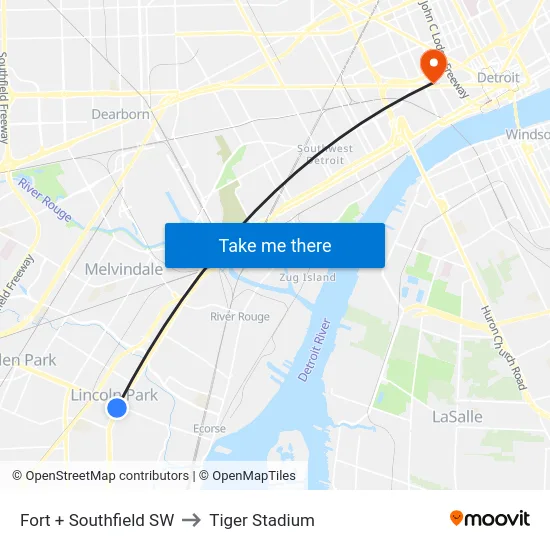 Fort + Southfield SW to Tiger Stadium map