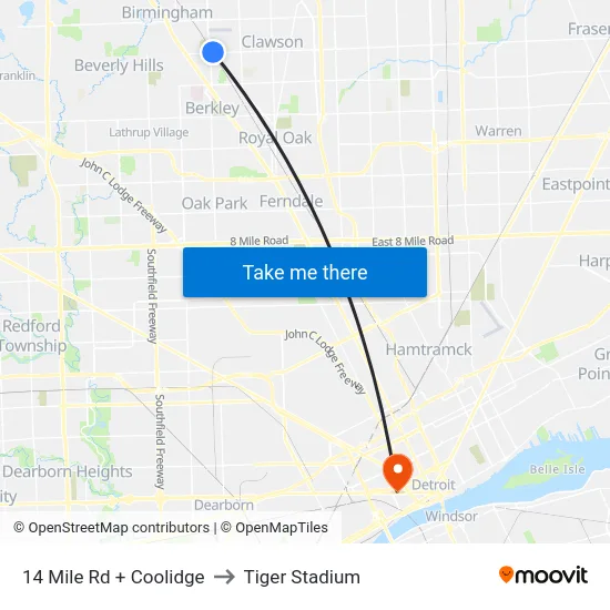 14 Mile & Coolidge to Tiger Stadium map