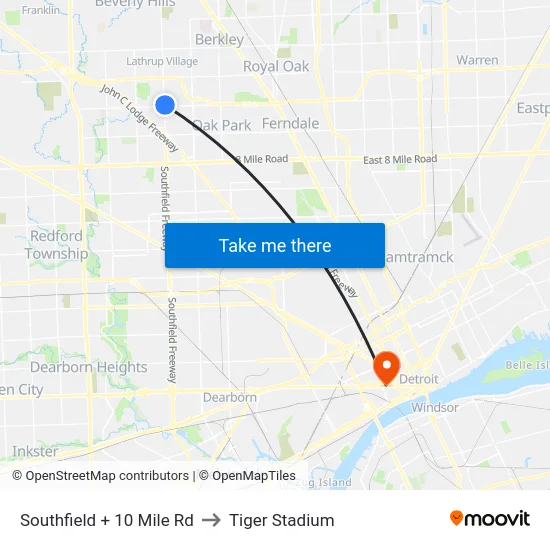 Southfield + 10 Mile Rd to Tiger Stadium map