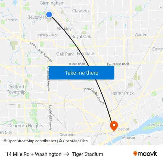 14 Mile Rd + Washington to Tiger Stadium map