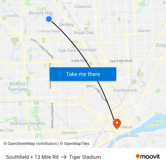 Southfield + 13 Mile Rd to Tiger Stadium map