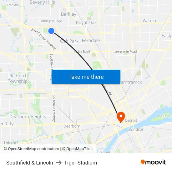 Southfield & Lincoln to Tiger Stadium map