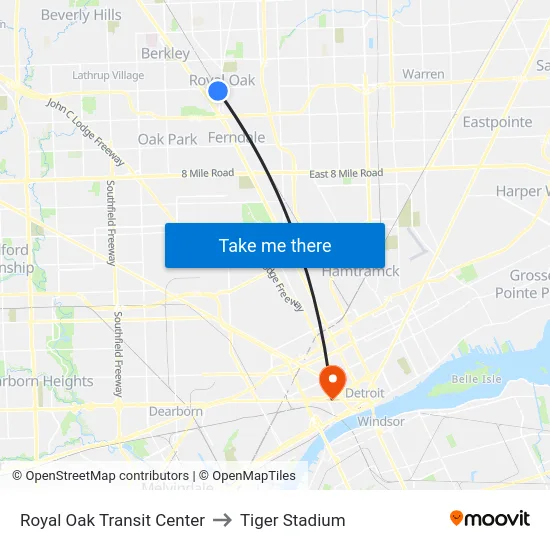 Royal Oak Transit Center to Tiger Stadium map
