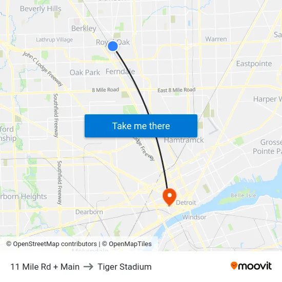 11 Mile Rd + Main to Tiger Stadium map