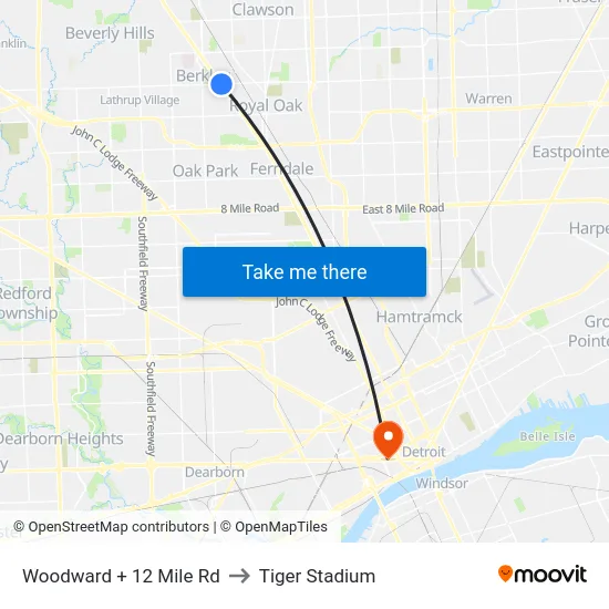 Woodward + 12 Mile Rd to Tiger Stadium map