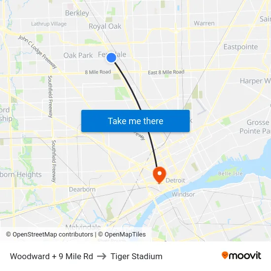 Woodward + 9 Mile Rd to Tiger Stadium map