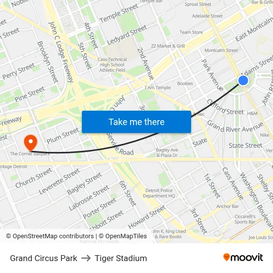 Grand Circus Park to Tiger Stadium map