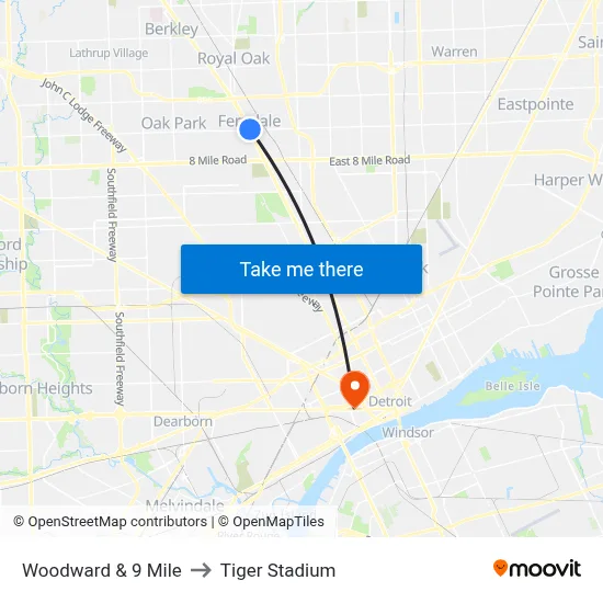 Woodward & 9 Mile to Tiger Stadium map