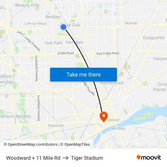 Woodward @ 11 Mile to Tiger Stadium map