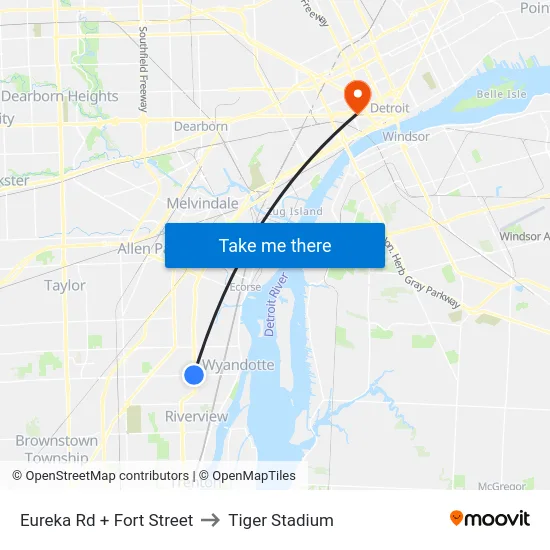 Eureka & Fort to Tiger Stadium map