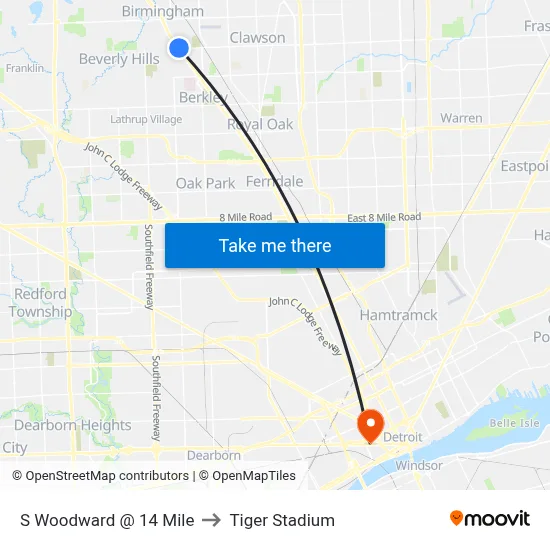 S Woodward @ 14 Mile to Tiger Stadium map