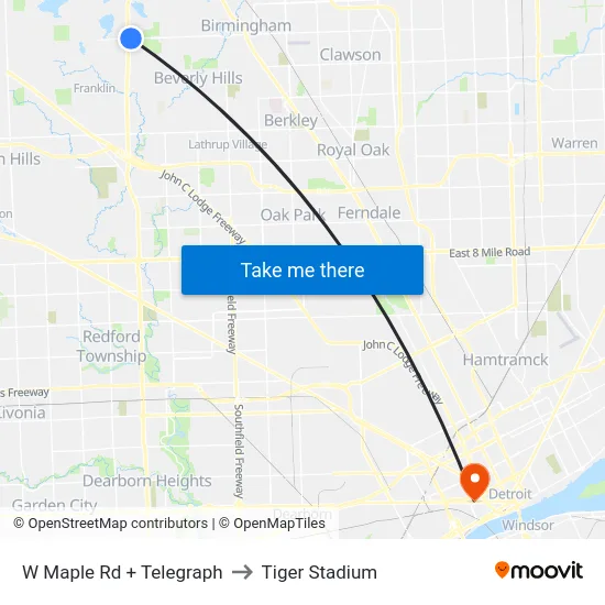 W Maple & Telegraph to Tiger Stadium map