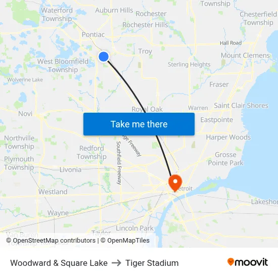 Woodward & Square Lake to Tiger Stadium map