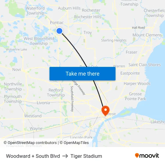 Woodward & South Boulevard to Tiger Stadium map