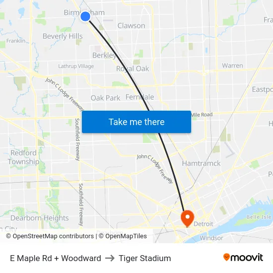 E Maple Rd + Woodward to Tiger Stadium map