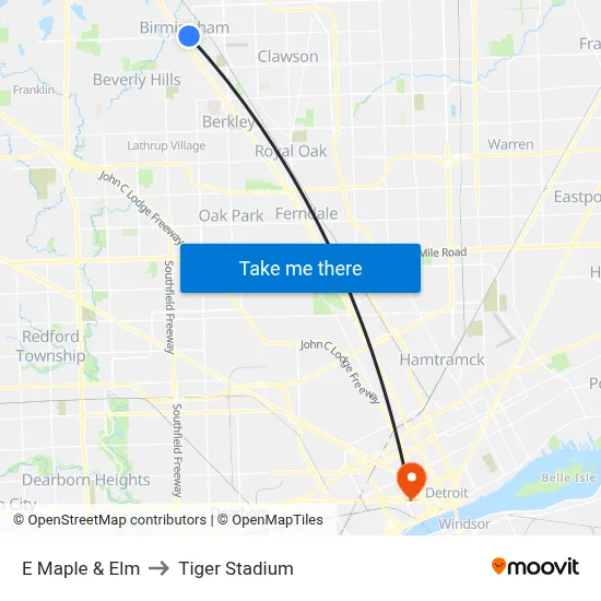 E Maple & Elm to Tiger Stadium map