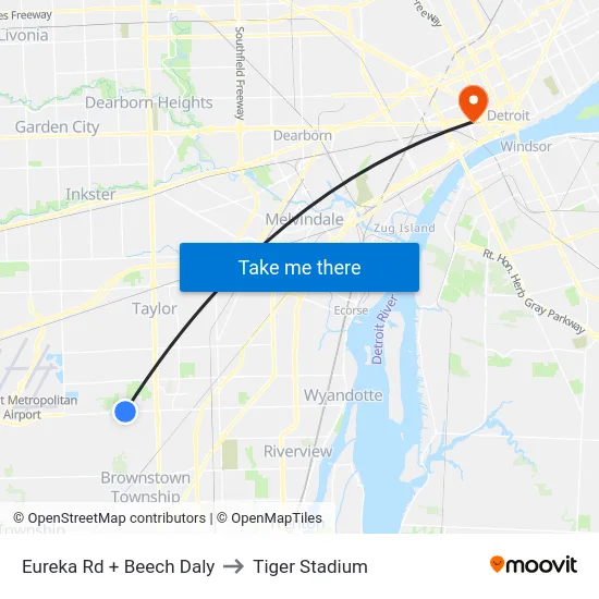 Eureka & Beech Daly to Tiger Stadium map