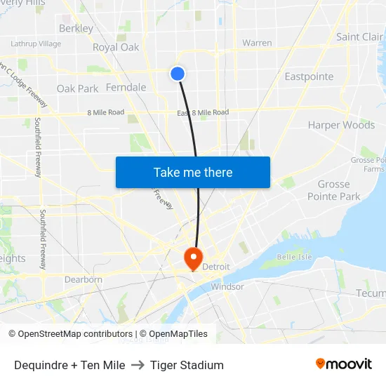 Dequindre + Ten Mile to Tiger Stadium map