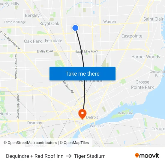 Dequindre + Red Roof Inn to Tiger Stadium map