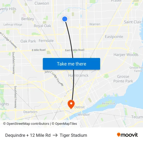 Dequindre + 12 Mile Rd to Tiger Stadium map