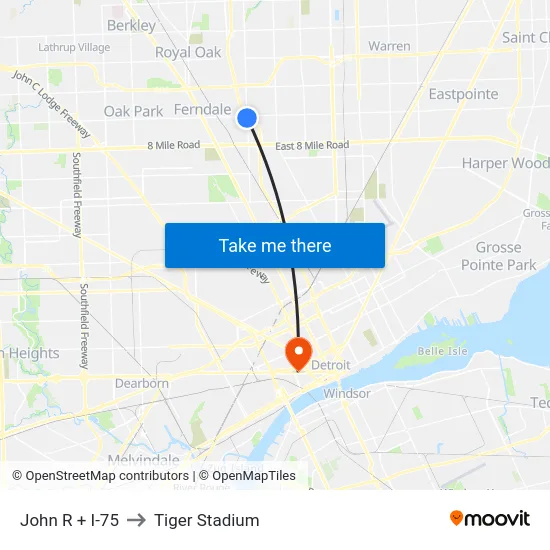 John R & I-75 to Tiger Stadium map