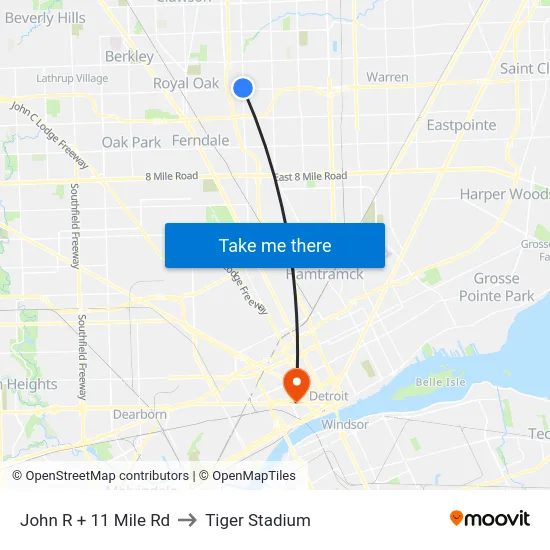 John R + 11 Mile Rd to Tiger Stadium map