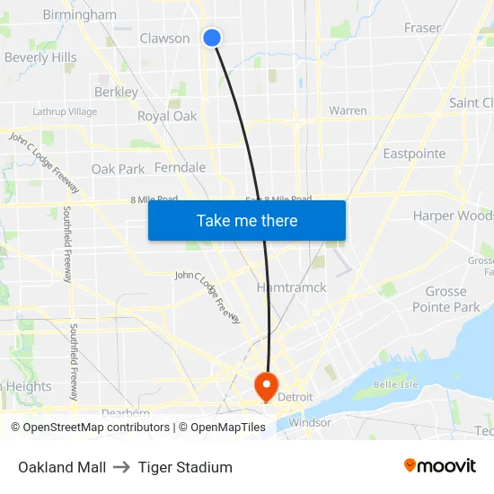 Oakland Mall to Tiger Stadium map