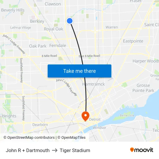 John R & Dartmouth to Tiger Stadium map