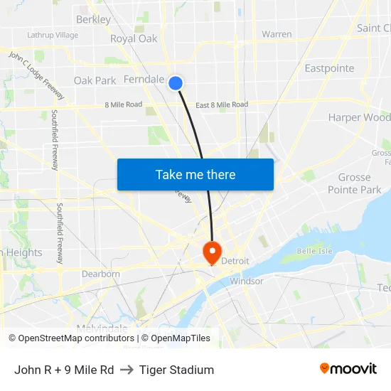 John R + 9 Mile Rd to Tiger Stadium map