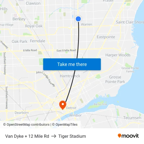 Van Dyke + 12 Mile Rd to Tiger Stadium map
