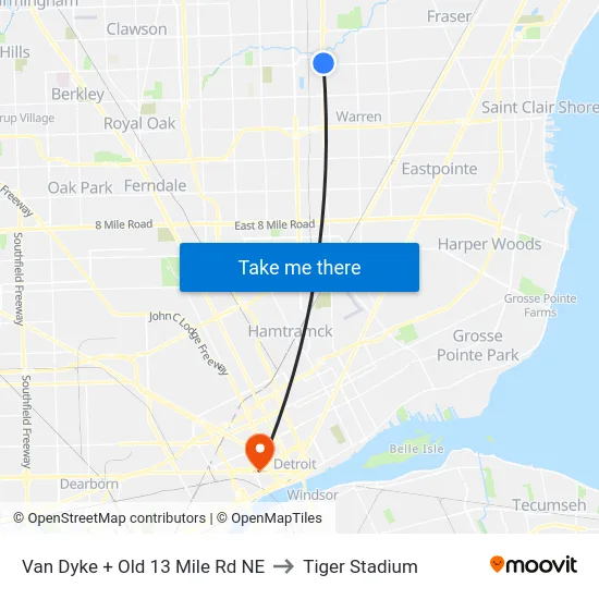 Van Dyke + Old 13 Mile Rd NE to Tiger Stadium map