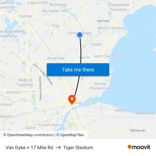 Van Dyke + 17 Mile Rd to Tiger Stadium map