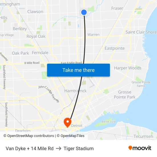 Van Dyke + 14 Mile Rd to Tiger Stadium map