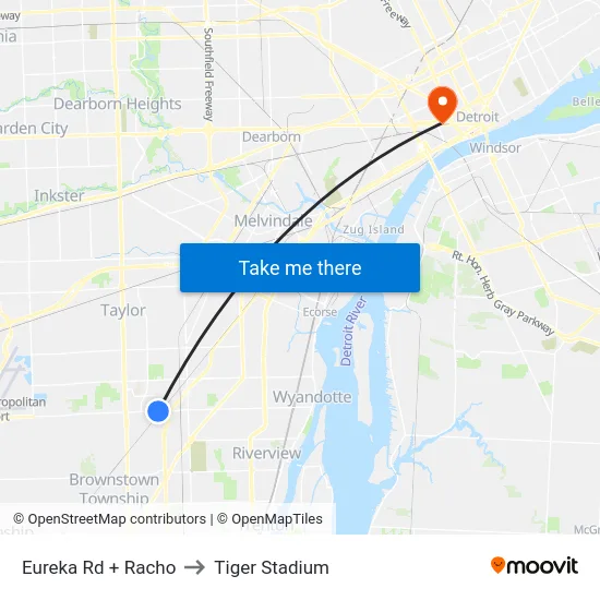 Eureka Rd + Racho to Tiger Stadium map
