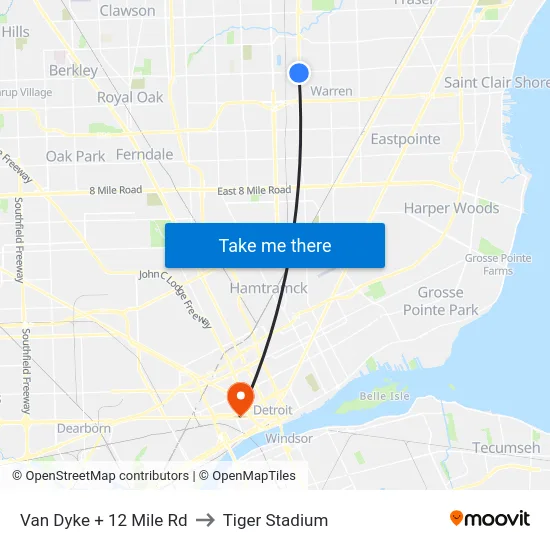 Van Dyke + 12 Mile Rd to Tiger Stadium map