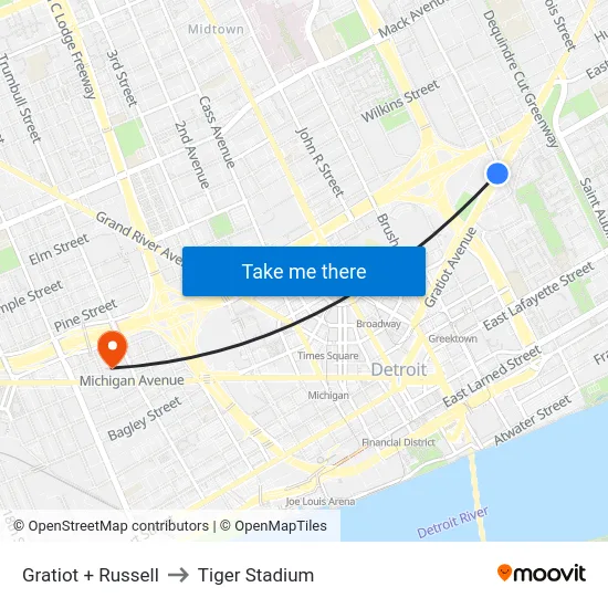 Gratiot + Russell to Tiger Stadium map