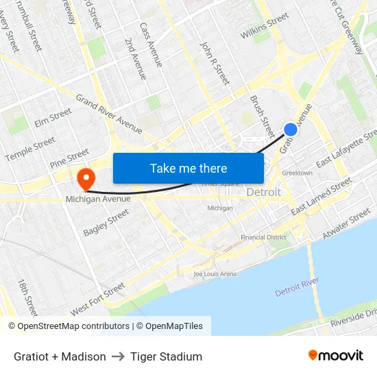 Gratiot + Madison to Tiger Stadium map