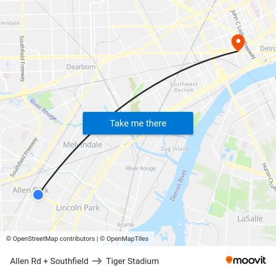 Allen Rd + Southfield to Tiger Stadium map