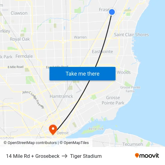 14 Mile Rd + Grosebeck to Tiger Stadium map