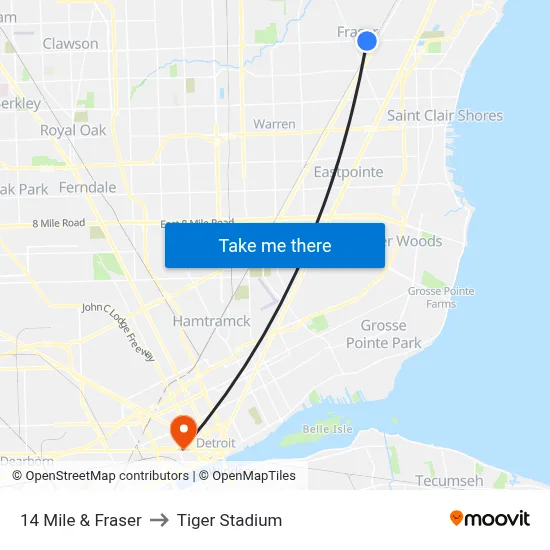 14 Mile & Fraser to Tiger Stadium map