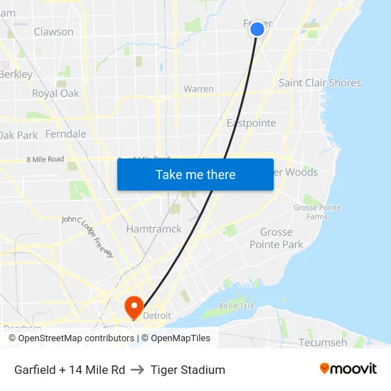 Garfield + 14 Mile Rd to Tiger Stadium map